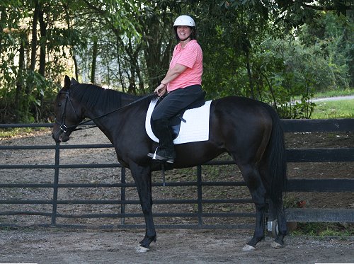 Bubba one month later in his new career as a dressage horse with his new mom Melanie Eberhardt. Bubba one month later in his new career as a dressage horse.